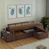 Maria Solid Sheesham Wood 3 Seater L Shape Sofa With Storage (Walnut Finish)